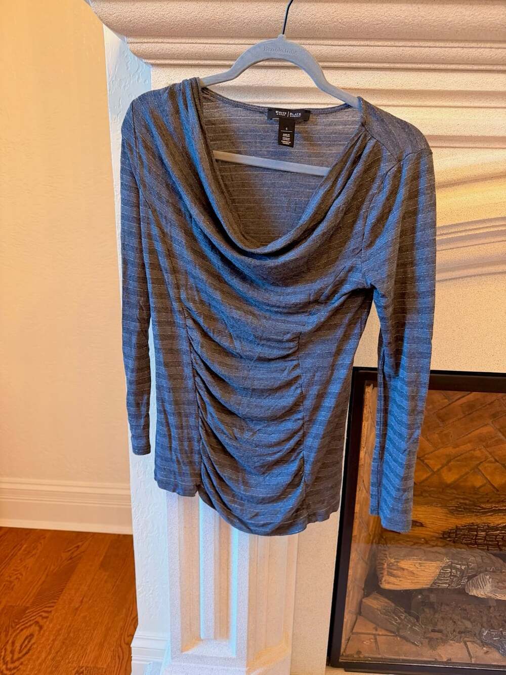 White House Black Market Cowl Neck Top Size S Gray Striped Ruched Blouse